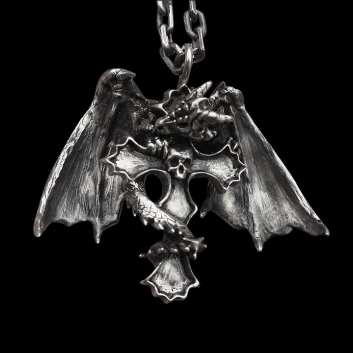 Devil Dragon Skull Cross 925 Sterling Silver Pendant