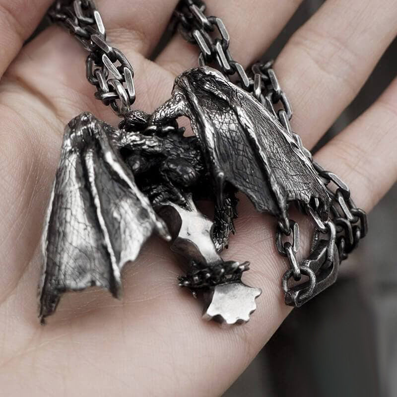 Devil Dragon Skull Cross 925 Sterling Silver Pendant