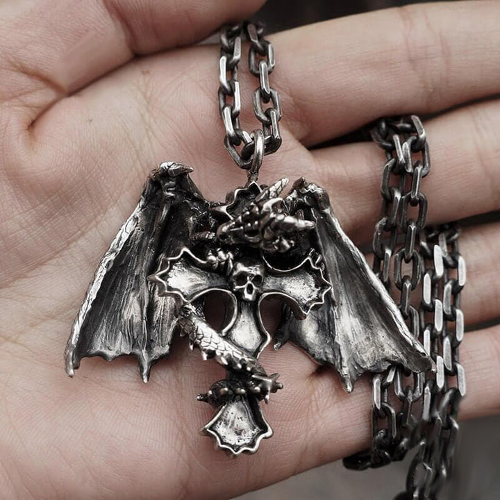 Devil Dragon Skull Cross 925 Sterling Silver Pendant