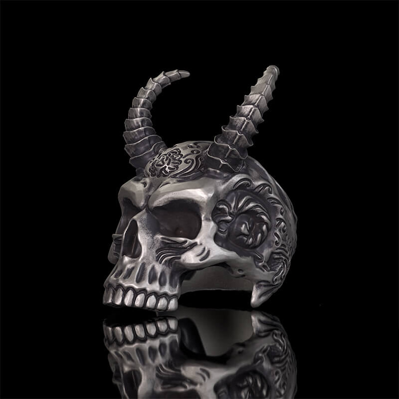 Devil Horned Skull Sterling Silver Gothic Ring | RoyalLuster.com