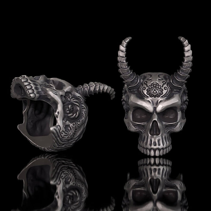 Devil Horned Skull Sterling Silver Gothic Ring | RoyalLuster.com