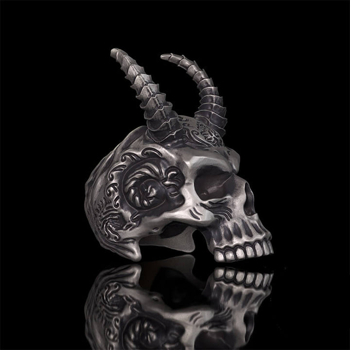Devil Horned Skull Sterling Silver Gothic Ring | RoyalLuster.com
