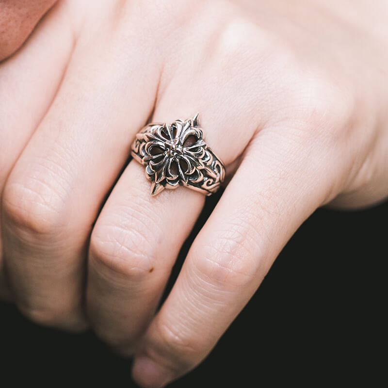 Double Cross Flower 925 Sterling Silver Open Ring 02 | RoyalLuster.com