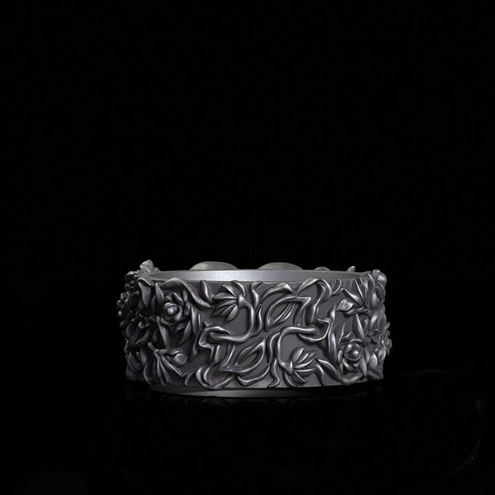 Double Skull Rose Vine Sterling Silver Ring