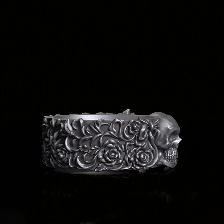 Double Skull Rose Vine Sterling Silver Ring