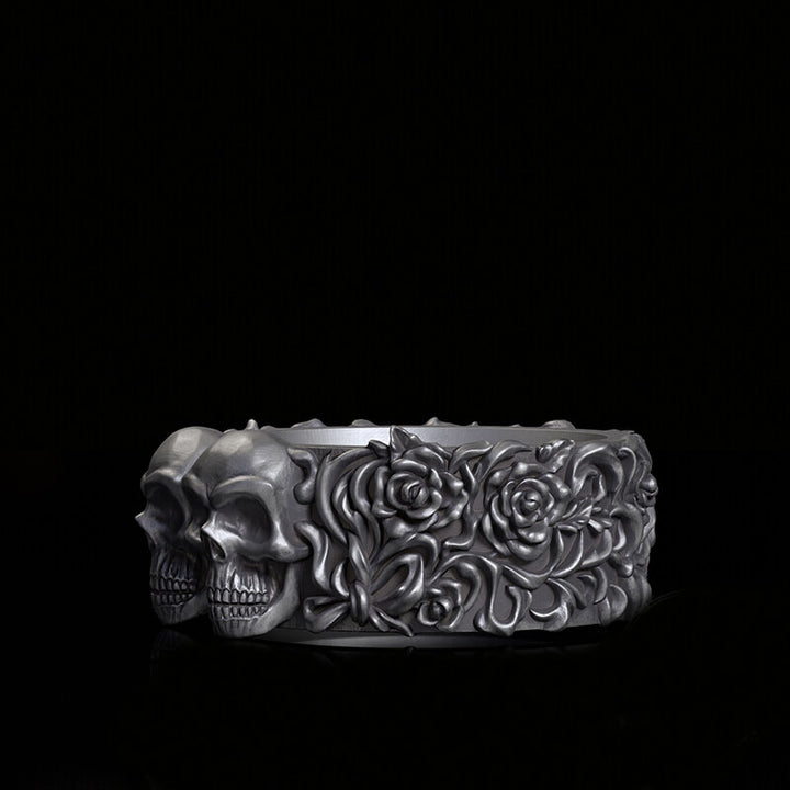 Double Skull Rose Vine Sterling Silver Ring | RoyalLuster.com