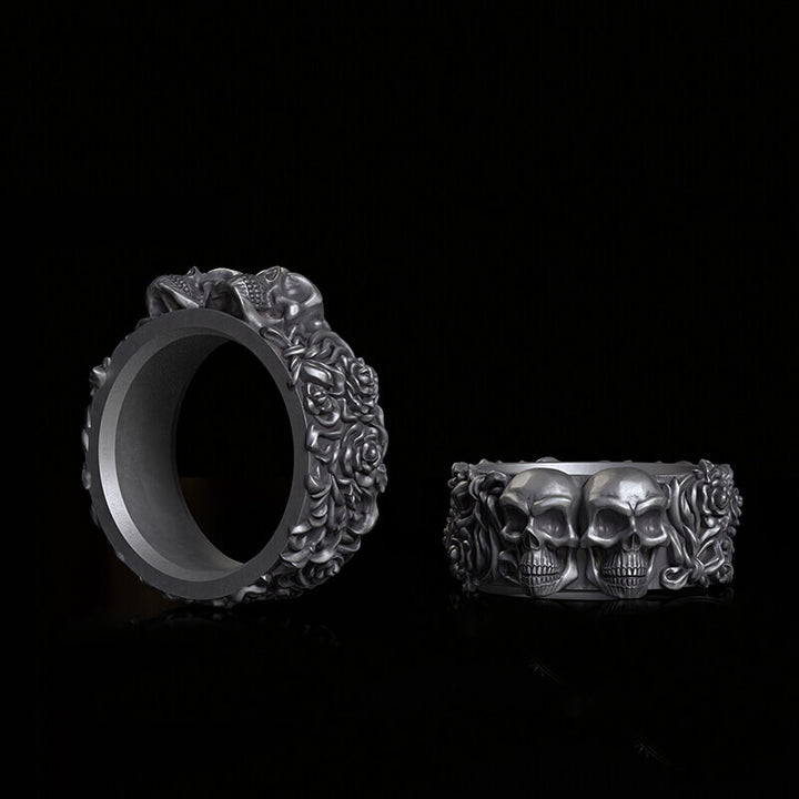 Double Skull Rose Vine Sterling Silver Ring | RoyalLuster.com