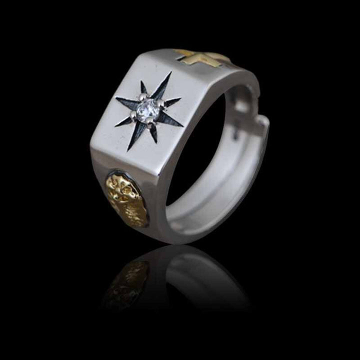 Eight-Pointed Star Cross 925 Sterling Silver Open Ring 04 | RoyalLuster.com