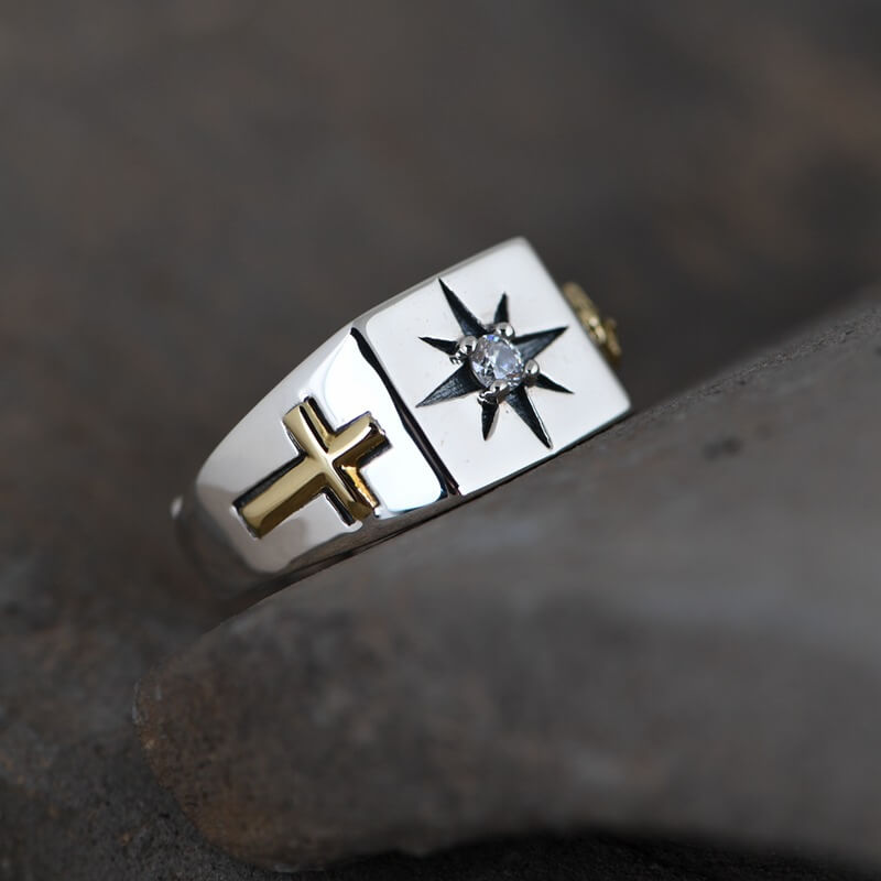 Eight-Pointed Star Cross 925 Sterling Silver Open Ring