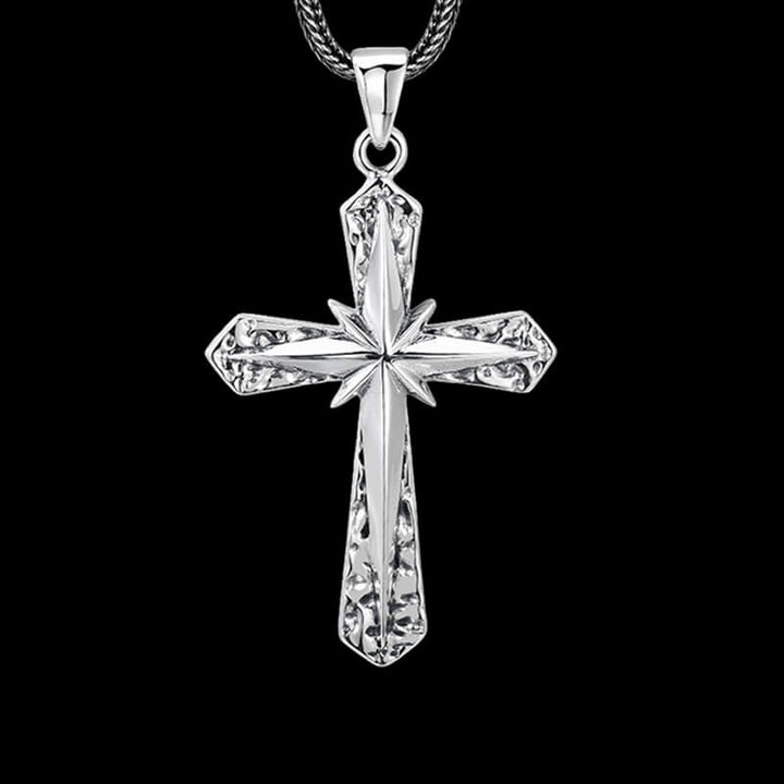 Eight-Pointed Star Hammered 925 Sterling Silver Cross Pendant 01 | RoyalLuster.com