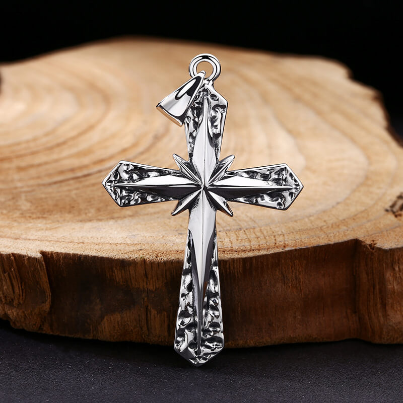 Eight-Pointed Star Hammered 925 Sterling Silver Cross Pendant 05 | RoyalLuster.com