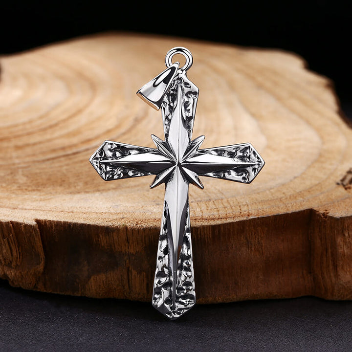 Eight-Pointed Star Hammered 925 Sterling Silver Cross Pendant 05 | RoyalLuster.com