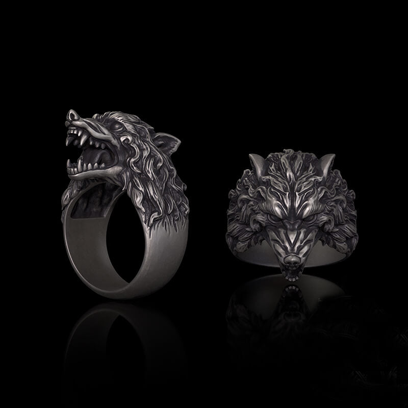 Fierce Roaring Wolf Sterling Silver Viking Ring | RoyalLuster.com