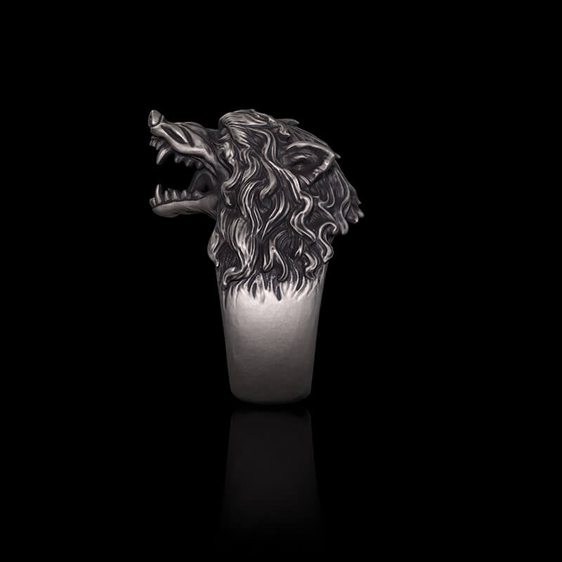 Fierce Roaring Wolf Sterling Silver Viking Ring | RoyalLuster.com