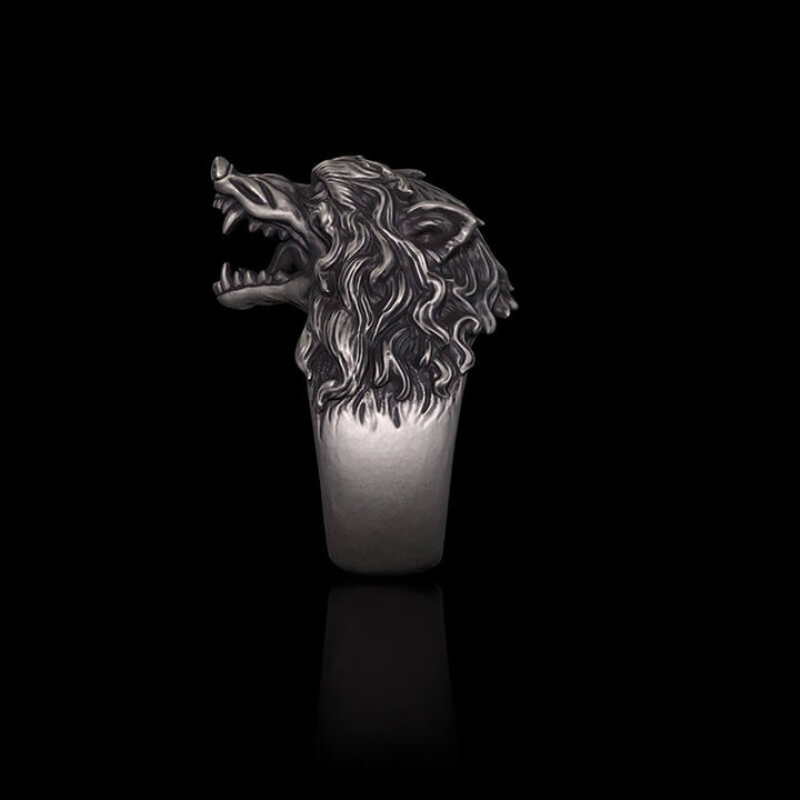 Fierce Roaring Wolf Sterling Silver Viking Ring | RoyalLuster.com