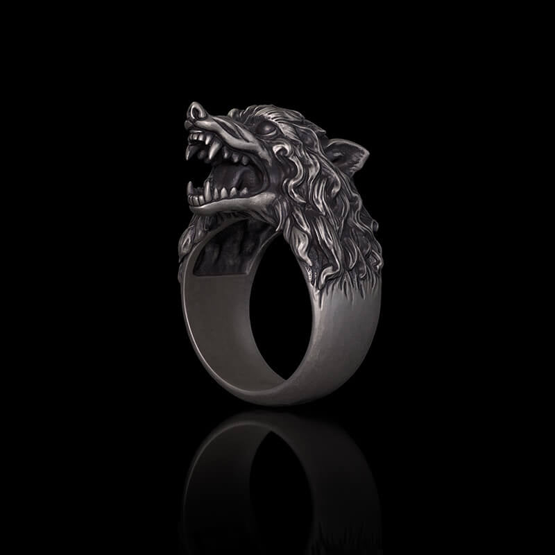 Fierce Roaring Wolf Sterling Silver Viking Ring | RoyalLuster.com