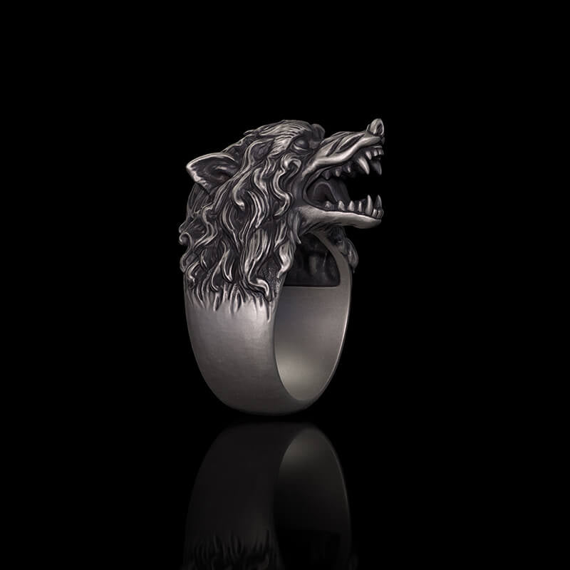 Fierce Roaring Wolf Sterling Silver Viking Ring | RoyalLuster.com