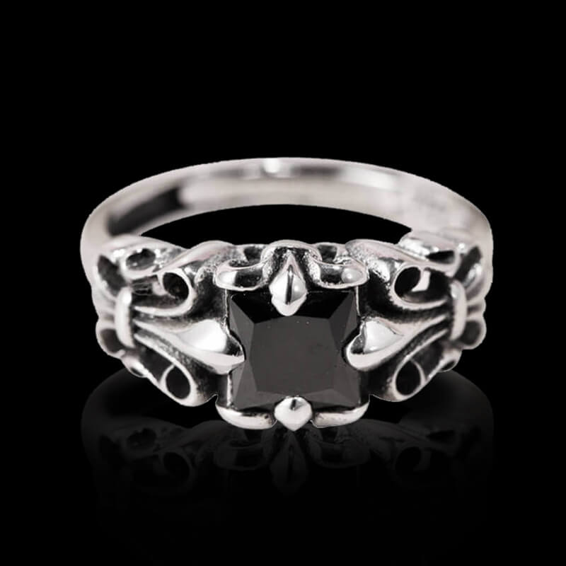 Fleur-De-Lis Pattern Obsidian 925 Sterling Silver Ring 01 | RoyalLuster.com