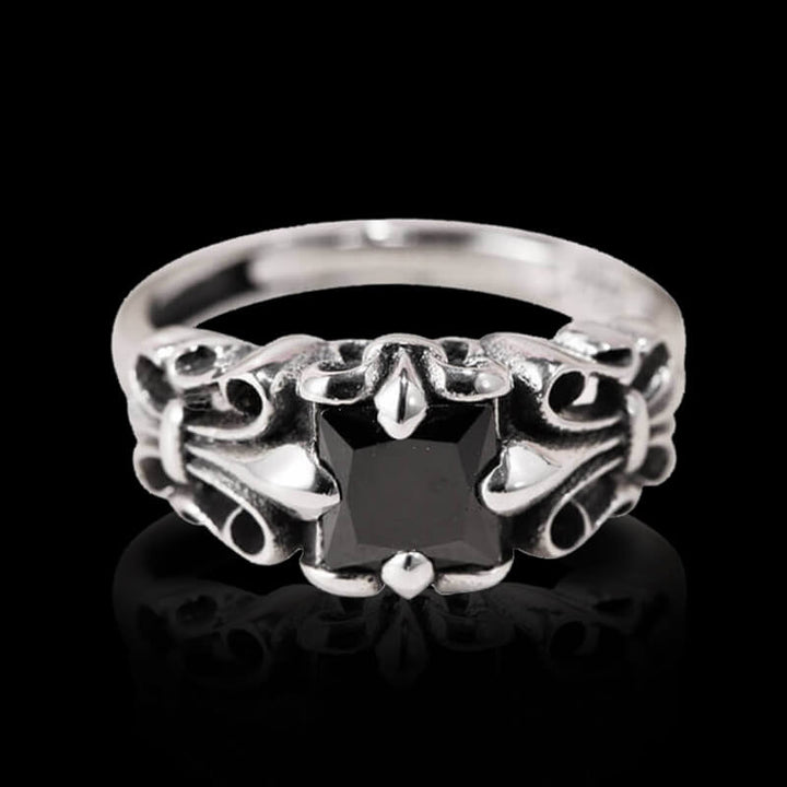 Fleur-De-Lis Pattern Obsidian 925 Sterling Silver Ring 01 | RoyalLuster.com
