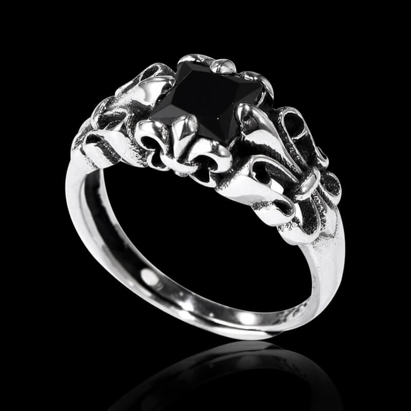 Fleur-De-Lis Pattern Obsidian 925 Sterling Silver Ring 03 | RoyalLuster.com