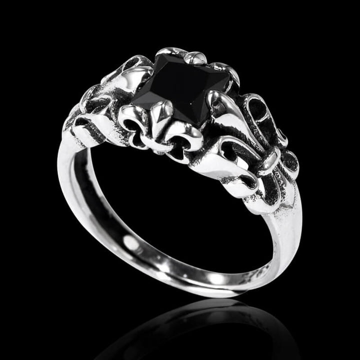 Fleur-De-Lis Pattern Obsidian 925 Sterling Silver Ring 03 | RoyalLuster.com