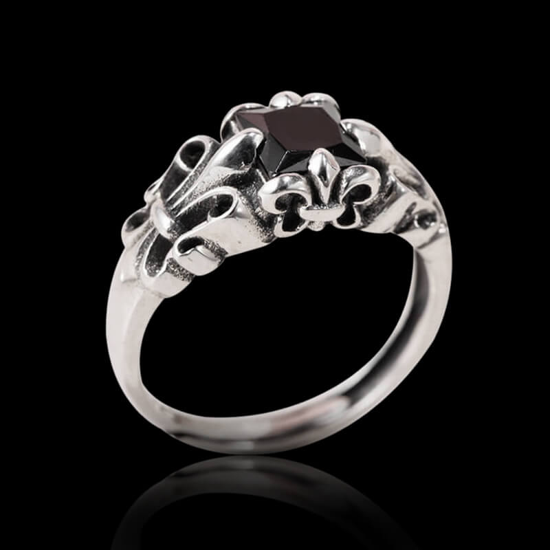 Fleur-De-Lis Pattern Obsidian 925 Sterling Silver Ring 04 | RoyalLuster.com