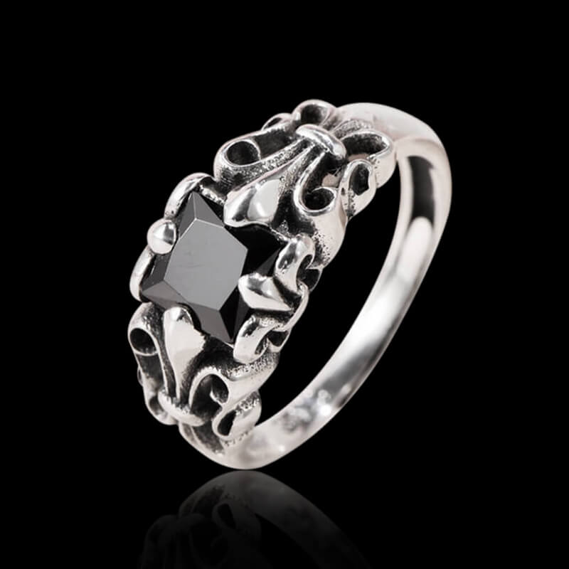 Fleur-De-Lis Pattern Obsidian 925 Sterling Silver Ring 05 | RoyalLuster.com