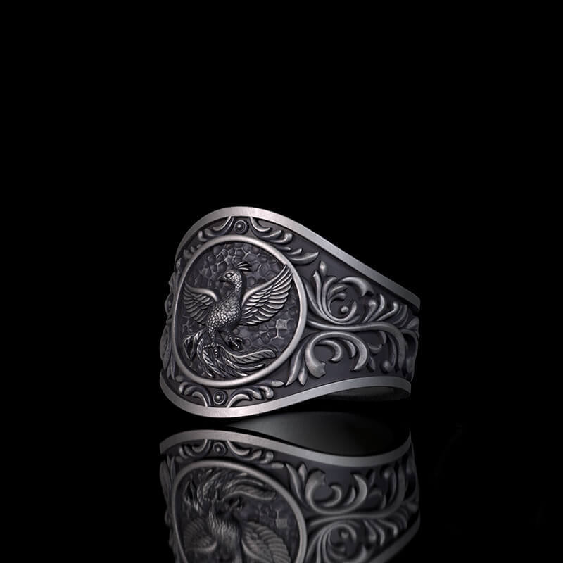 Floral Scrolls Phoenix Sterling Silver Ring | RoyalLuster.com