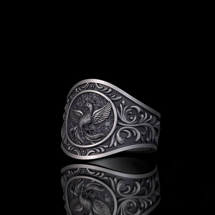 Floral Scrolls Phoenix Sterling Silver Ring | RoyalLuster.com