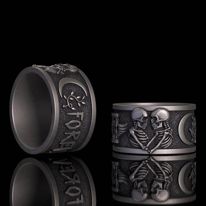 Forever More Wings Hourglass Moon Sterling Silver Skull Ring 01 | RoyalLuster.com