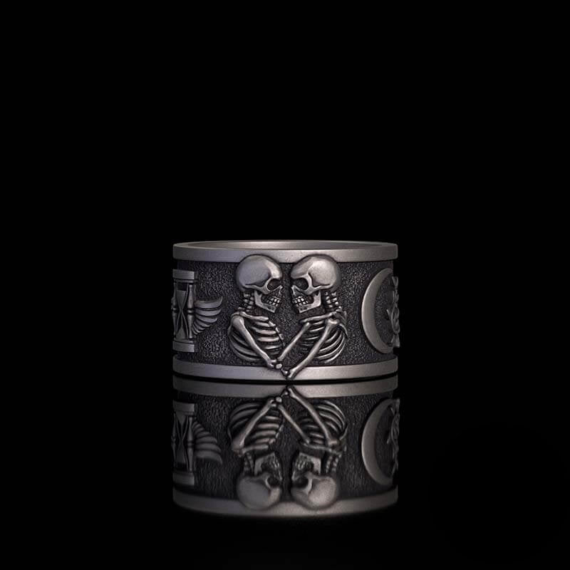 Forever More Wings Hourglass Moon Sterling Silver Skull Ring 02 | RoyalLuster.com