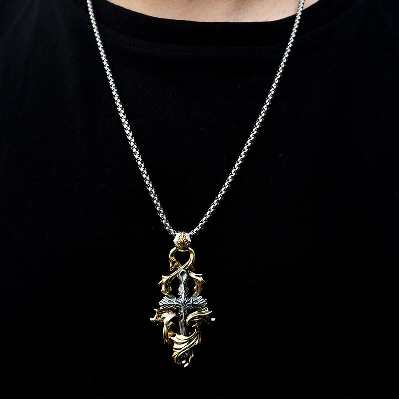 Gothic 925 Sterling Silver Brass Wreath Cross Necklace 02 | Royalluster.com