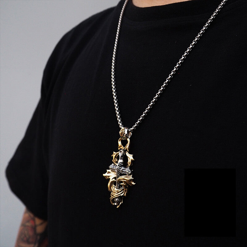 Gothic 925 Sterling Silver Brass Wreath Cross Necklace 04 | Royalluster.com