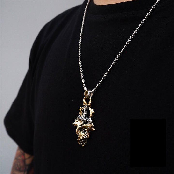 Gothic 925 Sterling Silver Brass Wreath Cross Necklace 04 | Royalluster.com