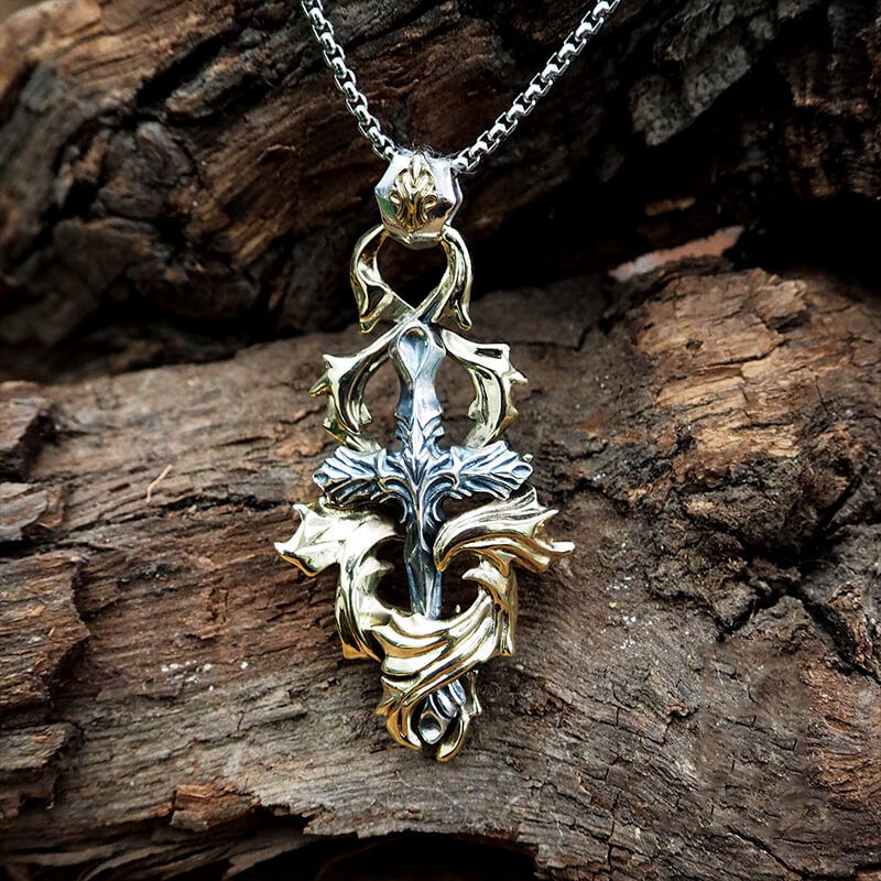 Gothic 925 Sterling Silver Brass Wreath Cross Necklace