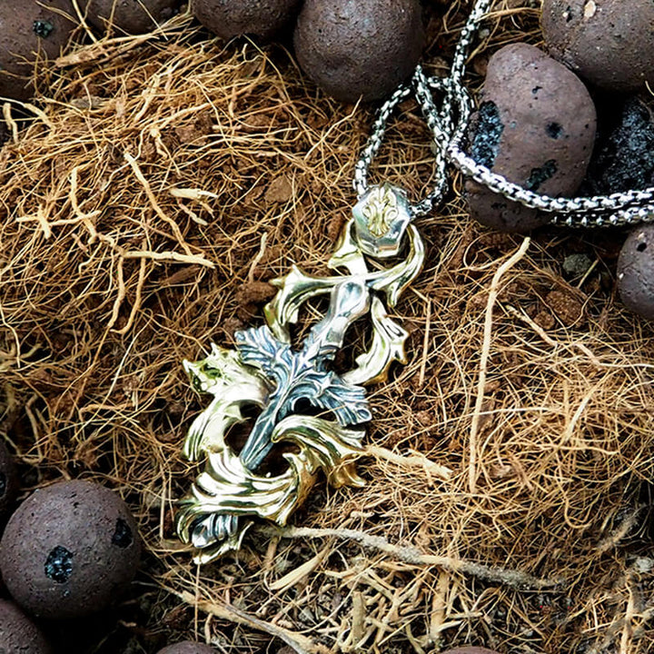 Gothic 925 Sterling Silver Brass Wreath Cross Necklace