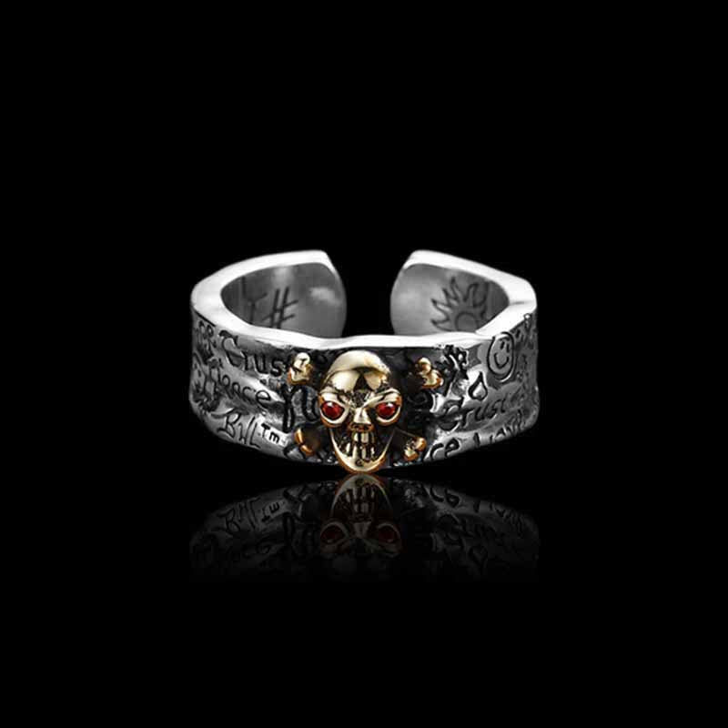 Gothic Skull Graffiti 925 Sterling Silver Open Ring 02 | RoyalLuster.com