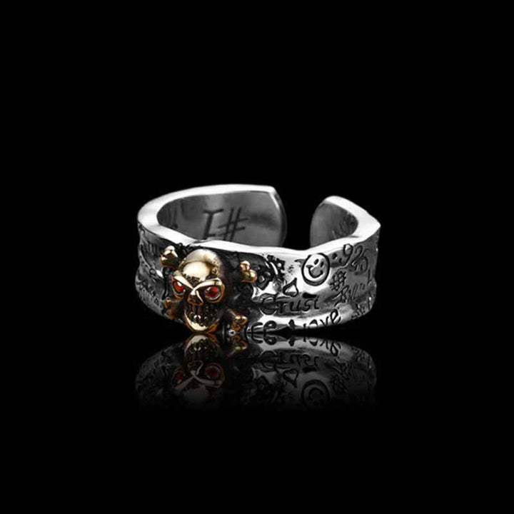 Gothic Skull Graffiti 925 Sterling Silver Open Ring 03 | RoyalLuster.com