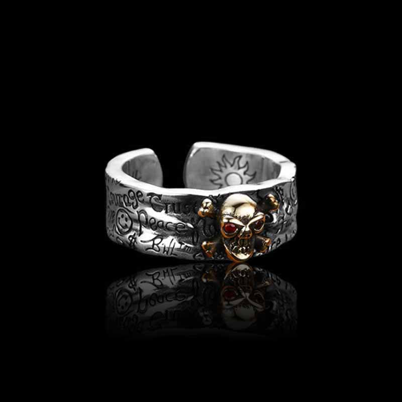 Gothic Skull Graffiti 925 Sterling Silver Open Ring 04 | RoyalLuster.com