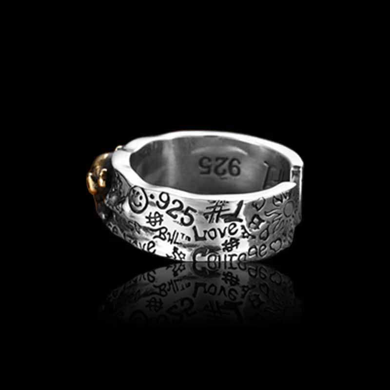 Gothic Skull Graffiti 925 Sterling Silver Open Ring 05 | RoyalLuster.com