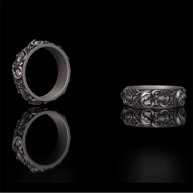 Gothic Coiled Snake Rose Sterling Silver Skull Ring | RoyalLuster.com