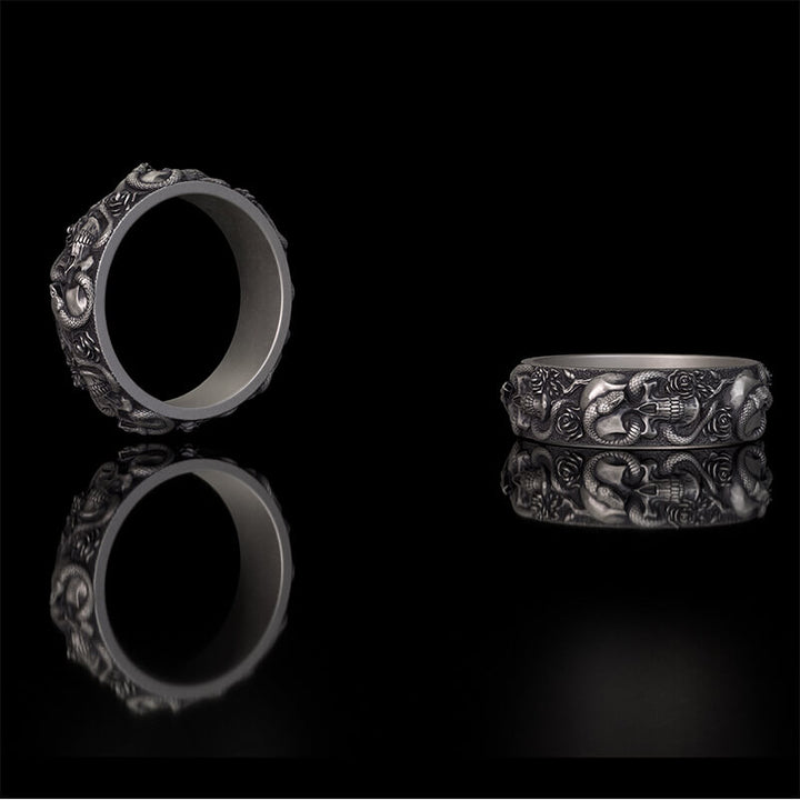 Gothic Coiled Snake Rose Sterling Silver Skull Ring | RoyalLuster.com