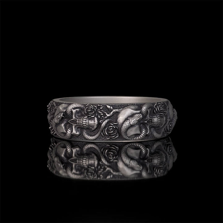 Gothic Coiled Snake Rose Sterling Silver Skull Ring | RoyalLuster.com