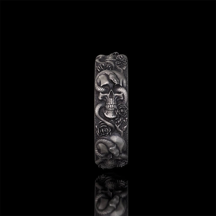 Gothic Coiled Snake Rose Sterling Silver Skull Ring | RoyalLuster.com