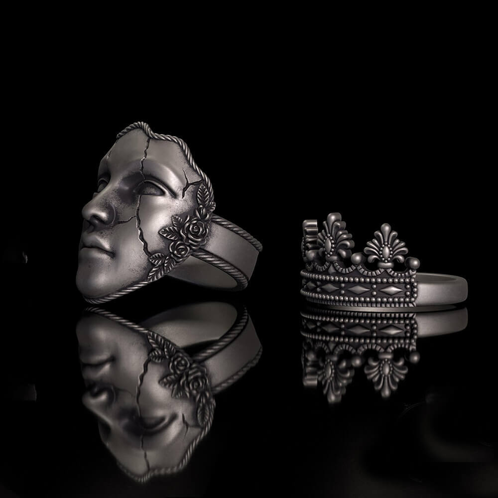 Gothic Cracked Mask Crown Sterling Silver Ring