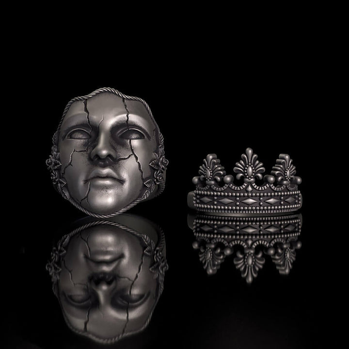 Gothic Cracked Mask Crown Sterling Silver Ring | RoyalLuster.com