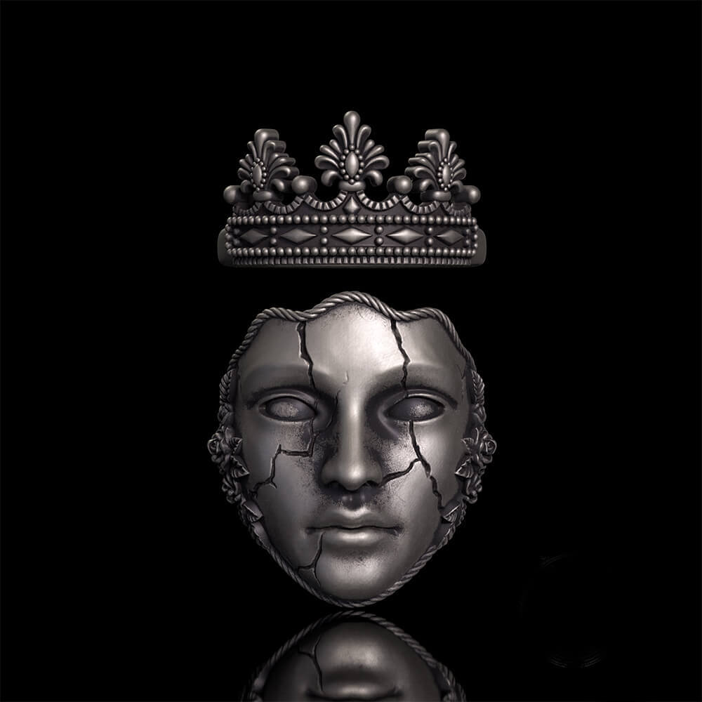 Gothic Cracked Mask Crown Sterling Silver Ring | RoyalLuster.com