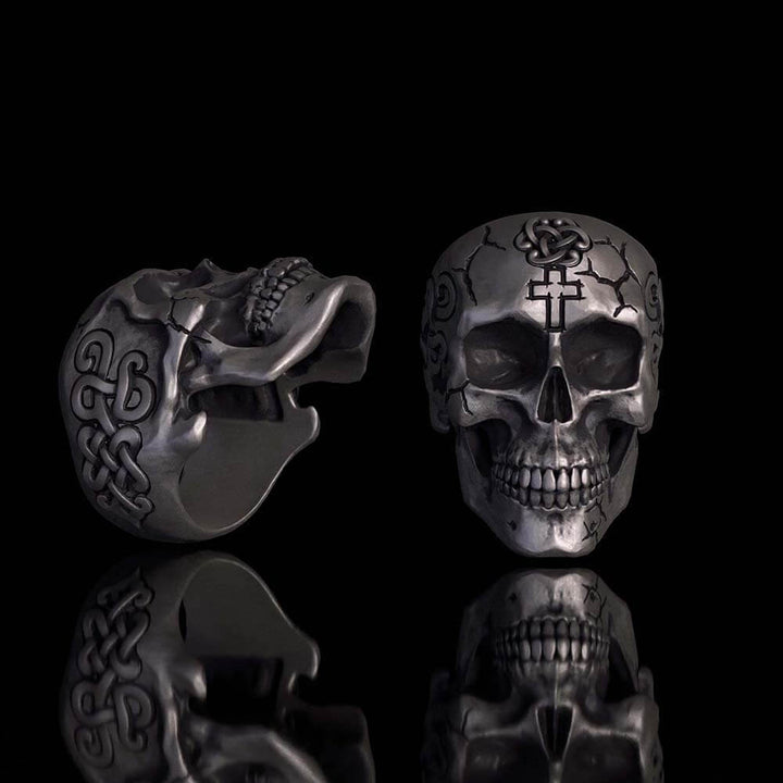 Gothic Cross Celtic Sterling Silver Cracked Skull Ring | RoyalLuster.com