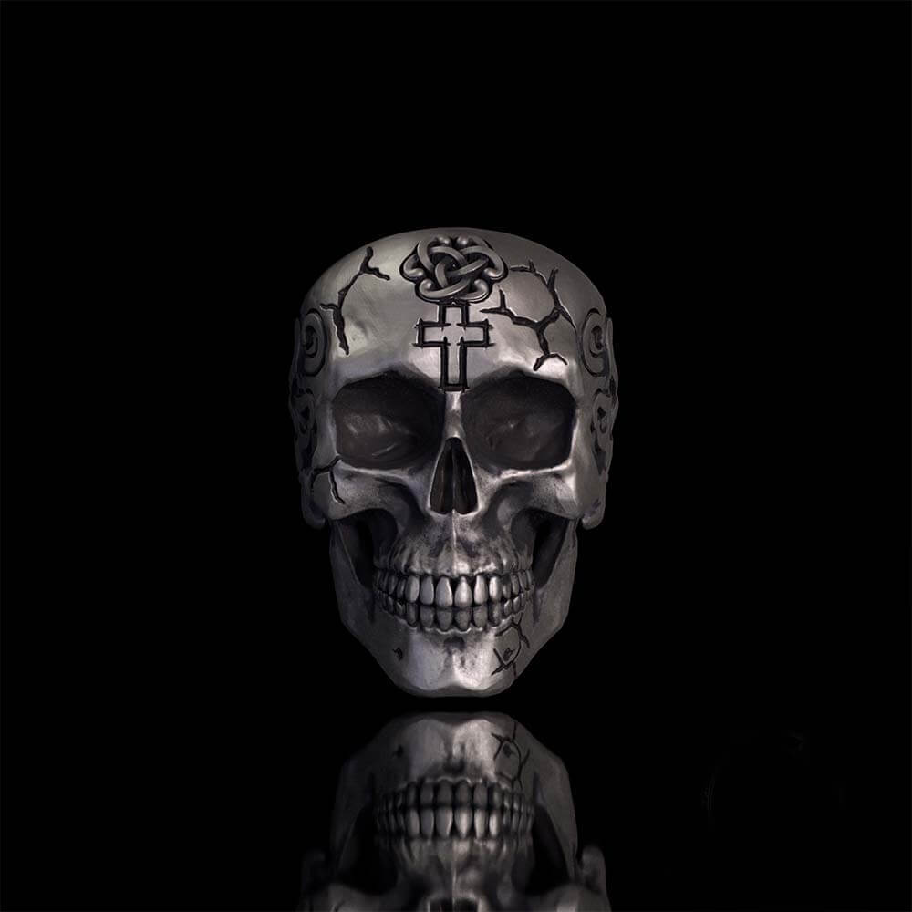 Gothic Cross Celtic Sterling Silver Cracked Skull Ring | RoyalLuster.com