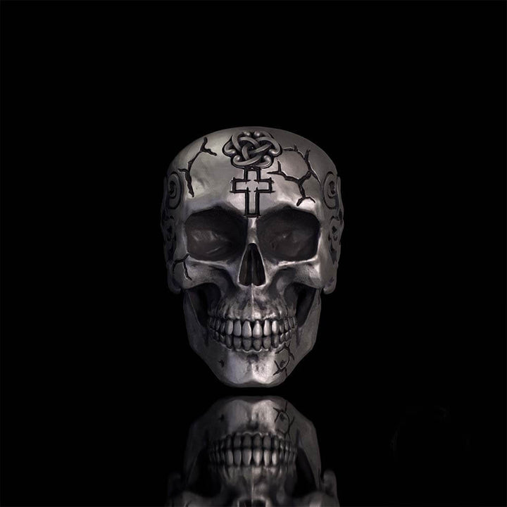 Gothic Cross Celtic Sterling Silver Cracked Skull Ring | RoyalLuster.com